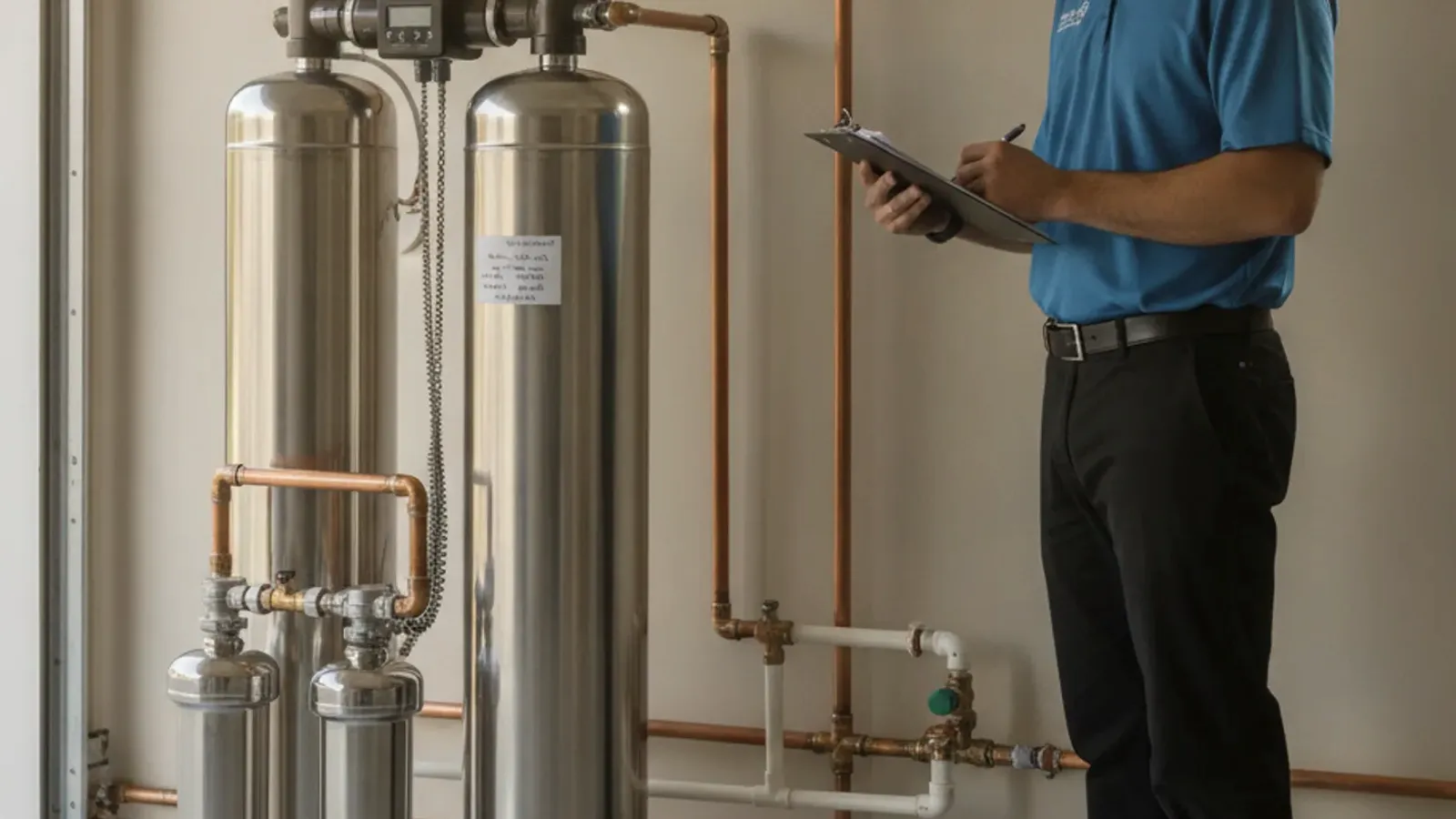 A technician checks a salt-based water softener installed in a San Diego home utility room with a brine tank beside it.