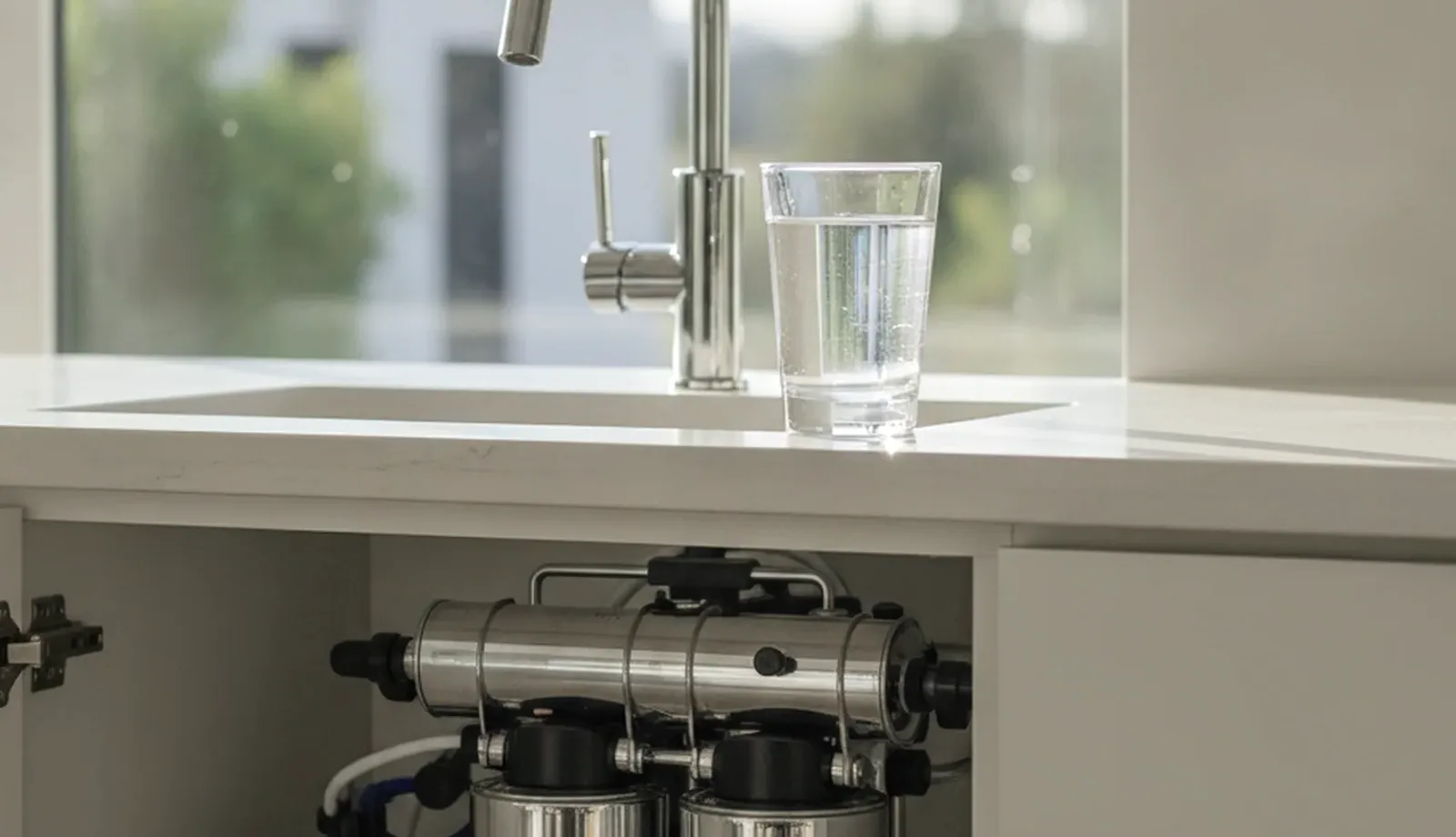 A clear glass of tap water sitting next to an under-sink reverse osmosis unit on a kitchen counter.