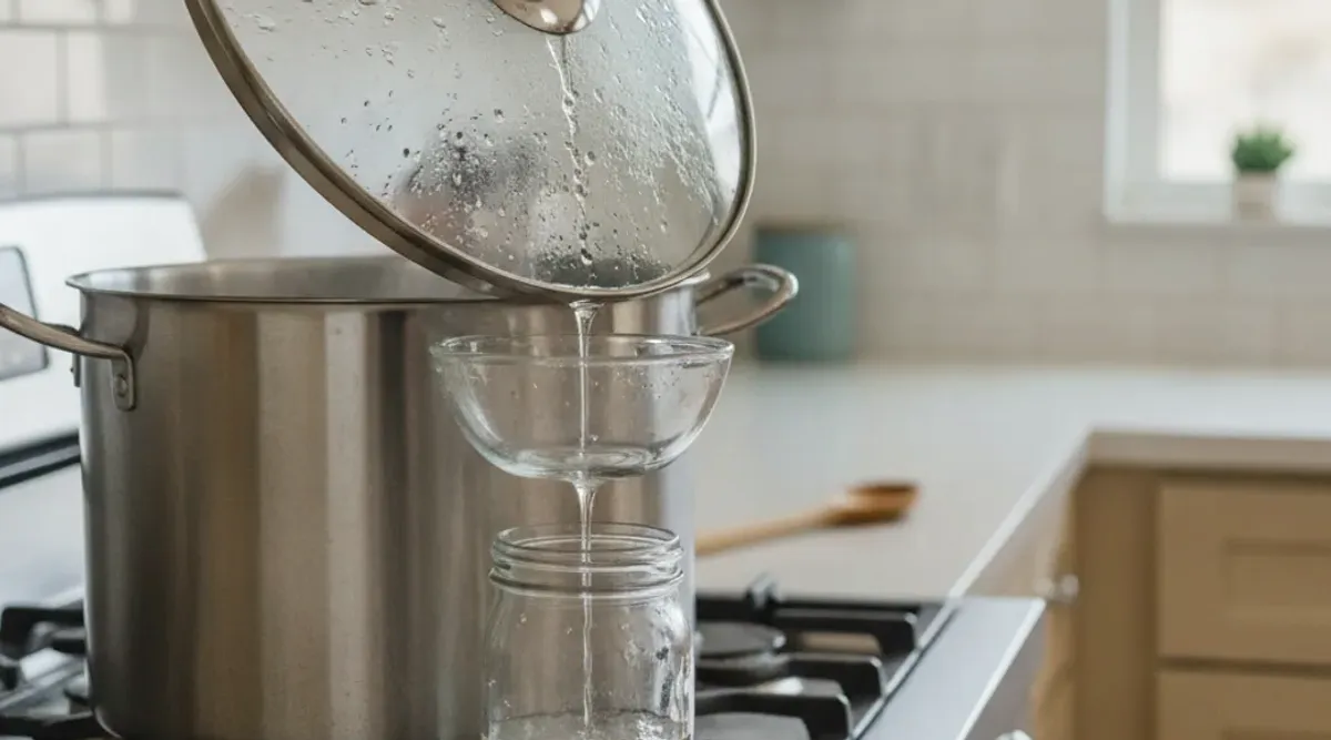 A deep pot on a stove with an inverted lid and ice used for basic home water distillation.