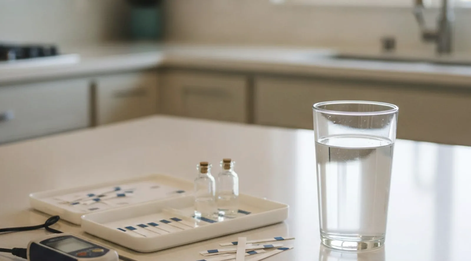 A clear glass of tap water sitting on a kitchen counter in a San Diego home