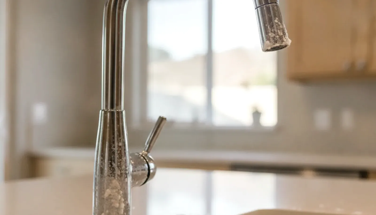 A person holds a small glass bottle of tap water up to the light near a kitchen sink.