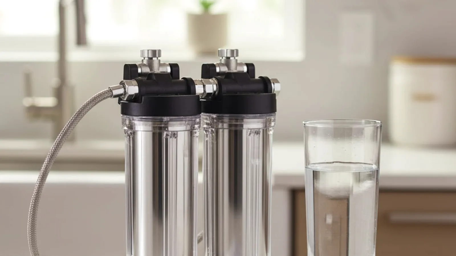 A kitchen faucet running clear water into a glass beside a reverse osmosis unit under the sink.
