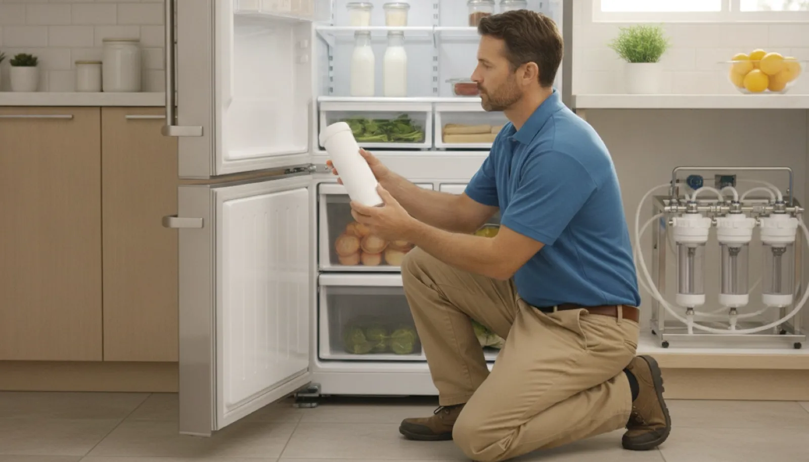A glass of clear water being poured from a refrigerator dispenser inside a modern kitchen.