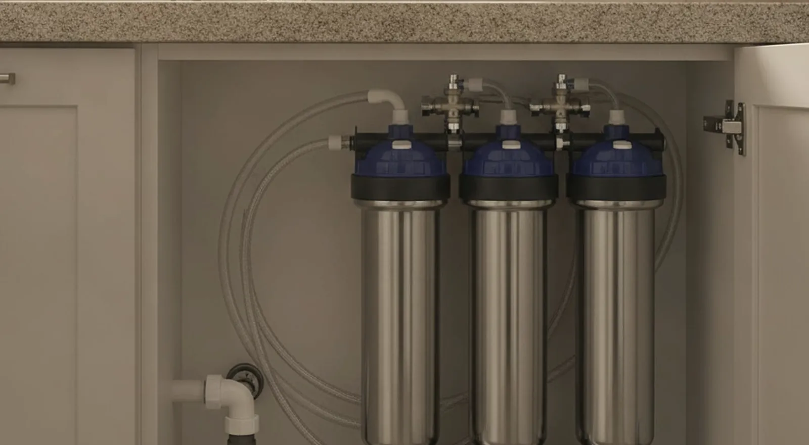 A modern kitchen sink with a dedicated faucet connected to an under-sink reverse osmosis system.