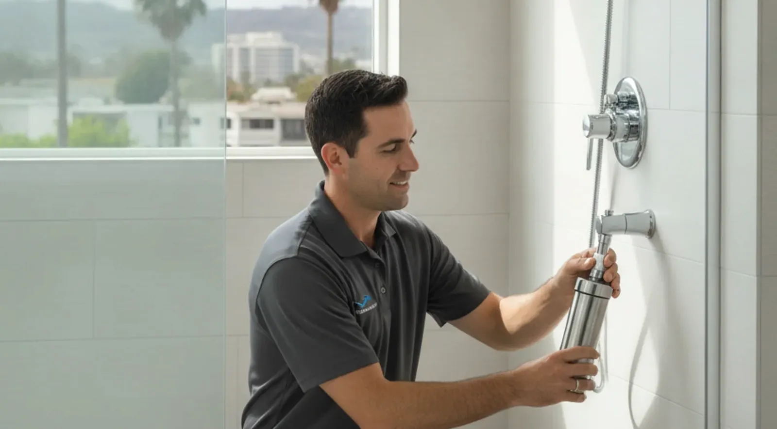 A close view of a chrome showerhead running clear water inside a residential bathroom.