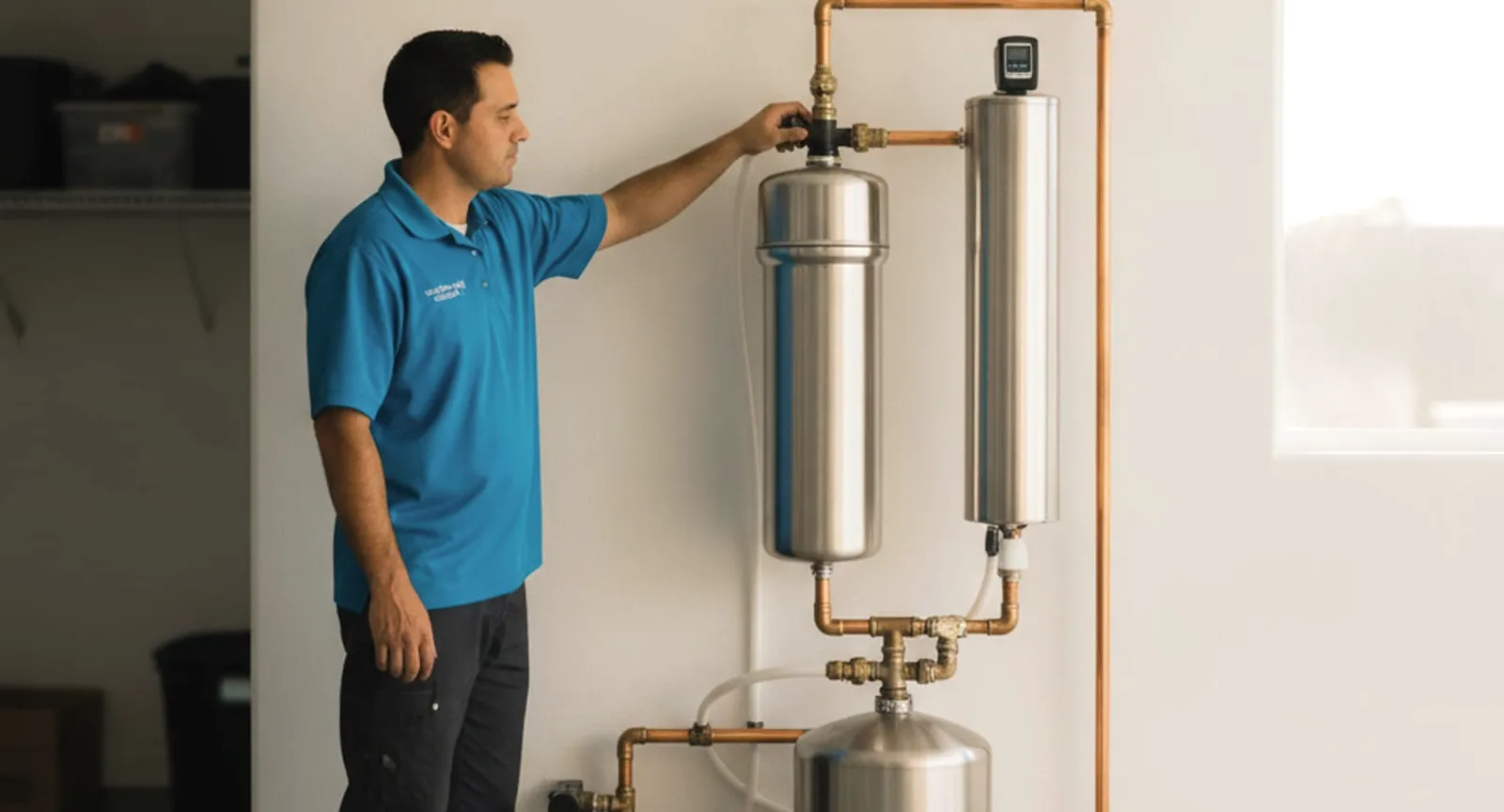 A stainless steel ultraviolet purification chamber mounted inside a residential utility room near plumbing connections.