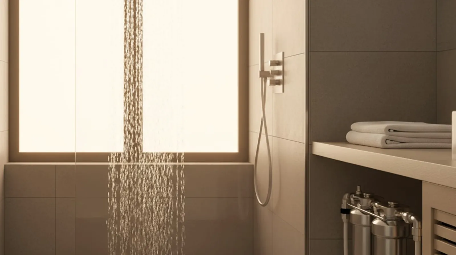 A parent prepares a child's bath in a bathroom with hard-water spots on fixtures.