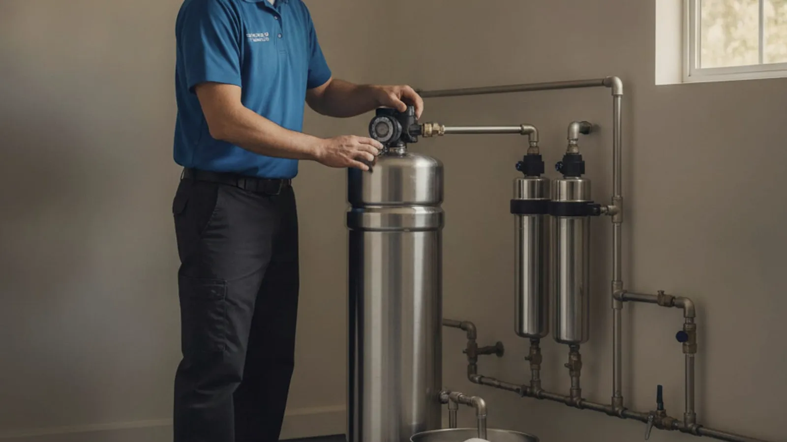 A technician inspects the control valve on a residential water softener system inside a San Diego garage.