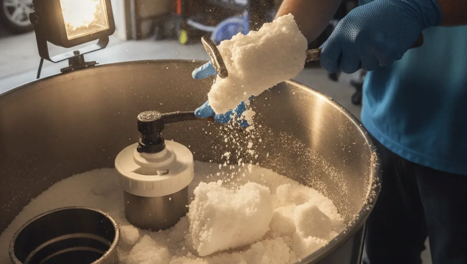 A service professional examines salt levels inside a brine tank during a routine check.