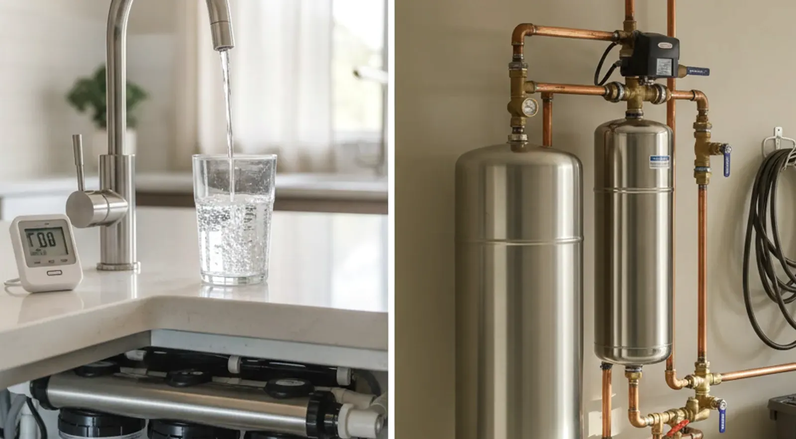 A residential water softener unit installed beside a home's main water line in a San Diego garage.