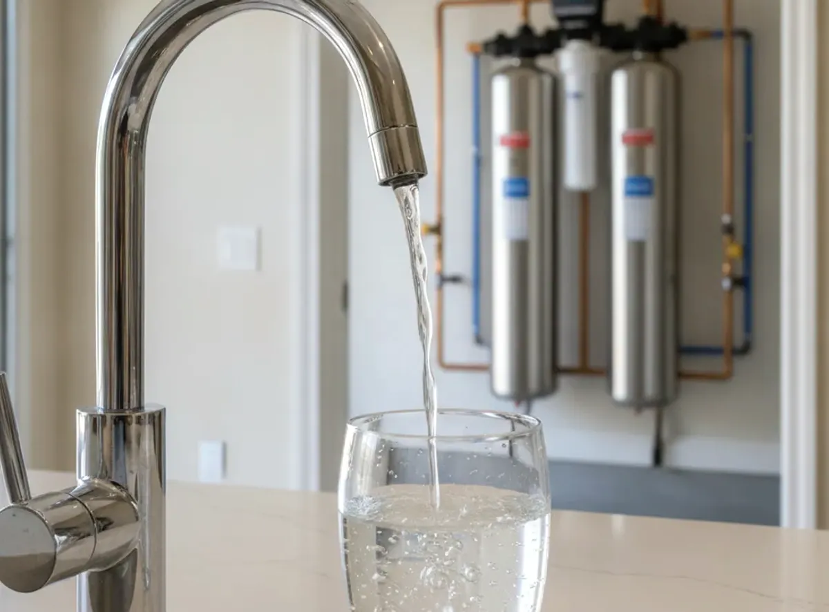 A homeowner fills a glass at the kitchen sink while a water softener sits visible through an open doorway.