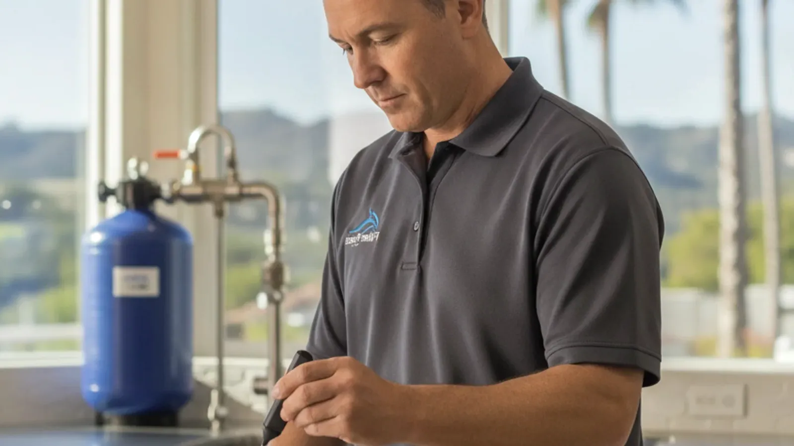 A person holds a digital meter near a kitchen faucet to check dissolved solids in tap water.