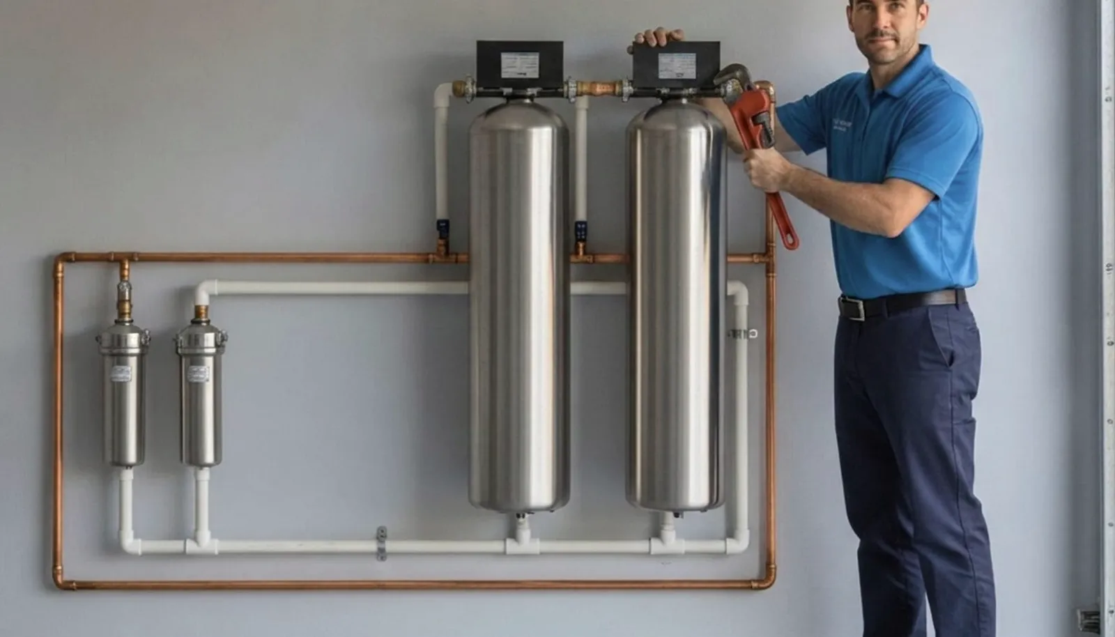 A whole-house water filtration system set up in a San Diego garage