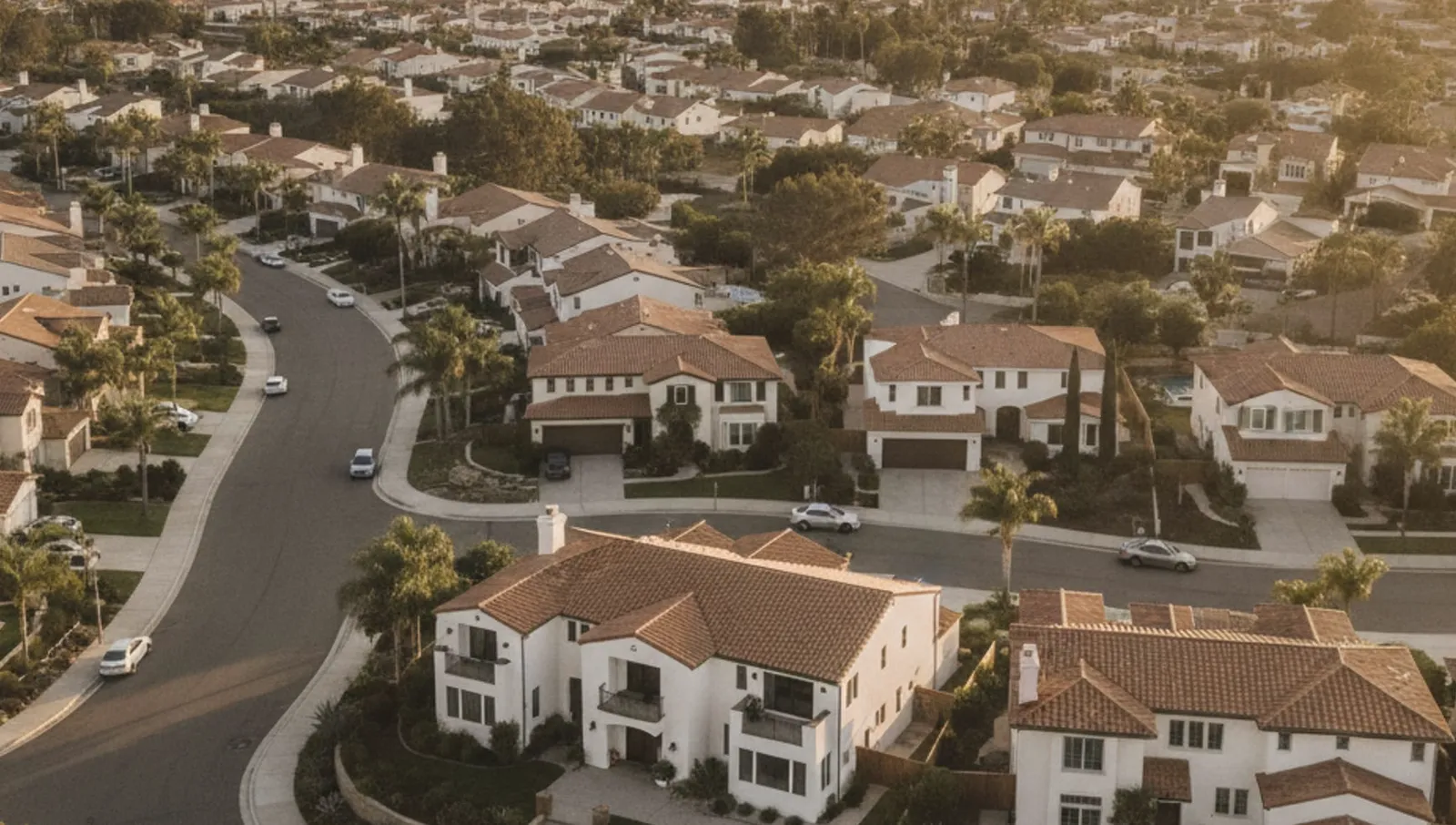 Aerial shot of a San Diego County residential neighborhood during golden hour