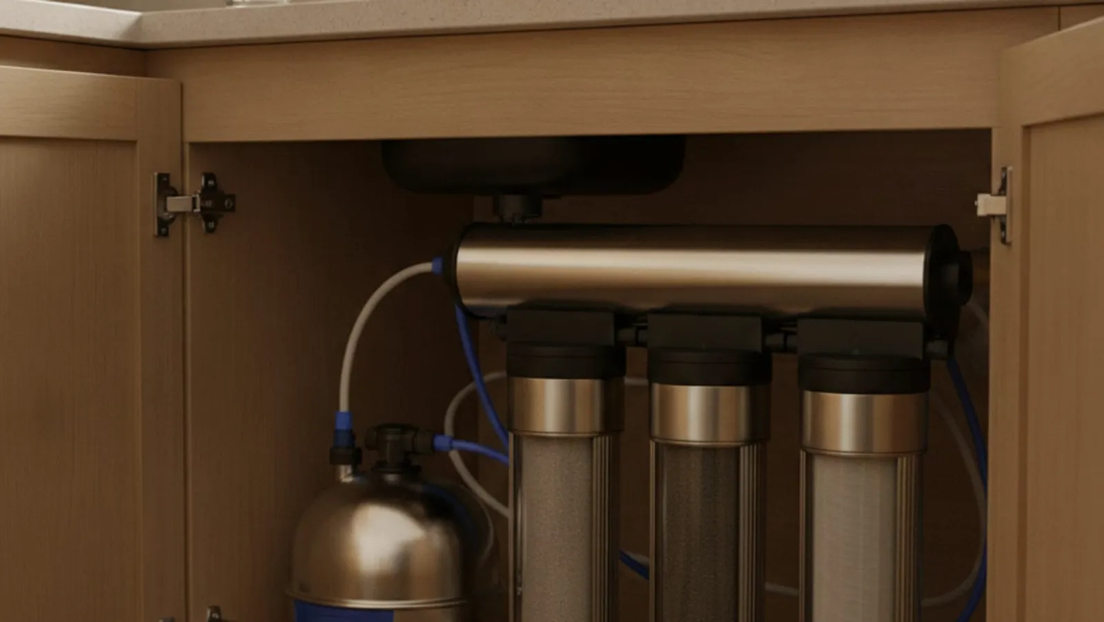 Under-sink reverse osmosis setup with a storage tank and its own faucet, fitted below the kitchen counter in a San Diego residence