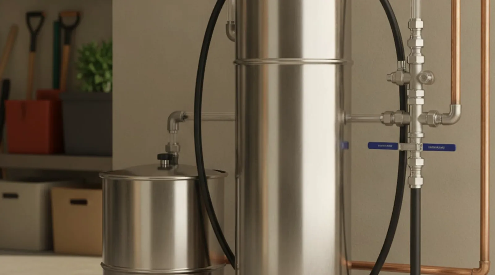 Cutaway diagram of a residential water softener: resin tank with ion-exchange flow plus a brine tank beside it in a home setting