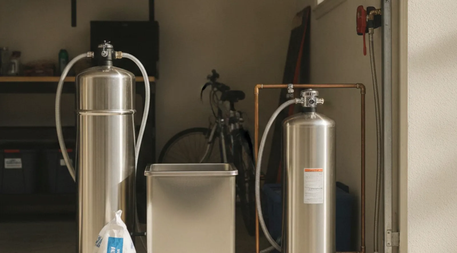 A catalytic salt-free conditioning unit and a conventional salt-based softener with brine tank stand side by side in a San Diego garage during a referral install