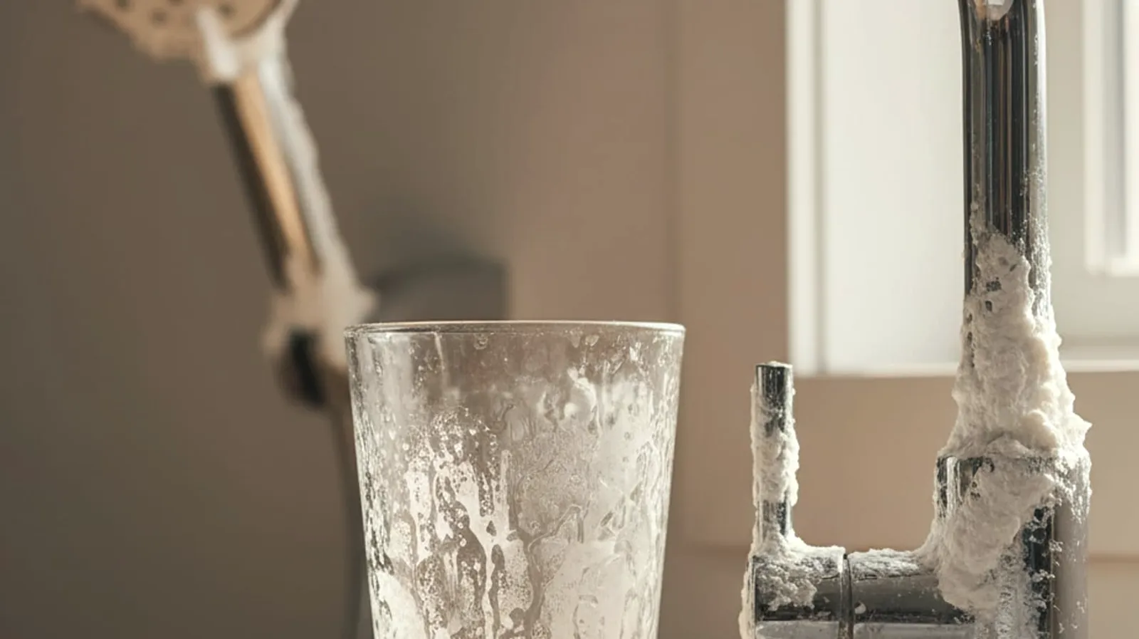 A San Diego bathroom faucet with a chrome base ringed by white mineral scale, leaving a chalky residue on the surrounding sink.