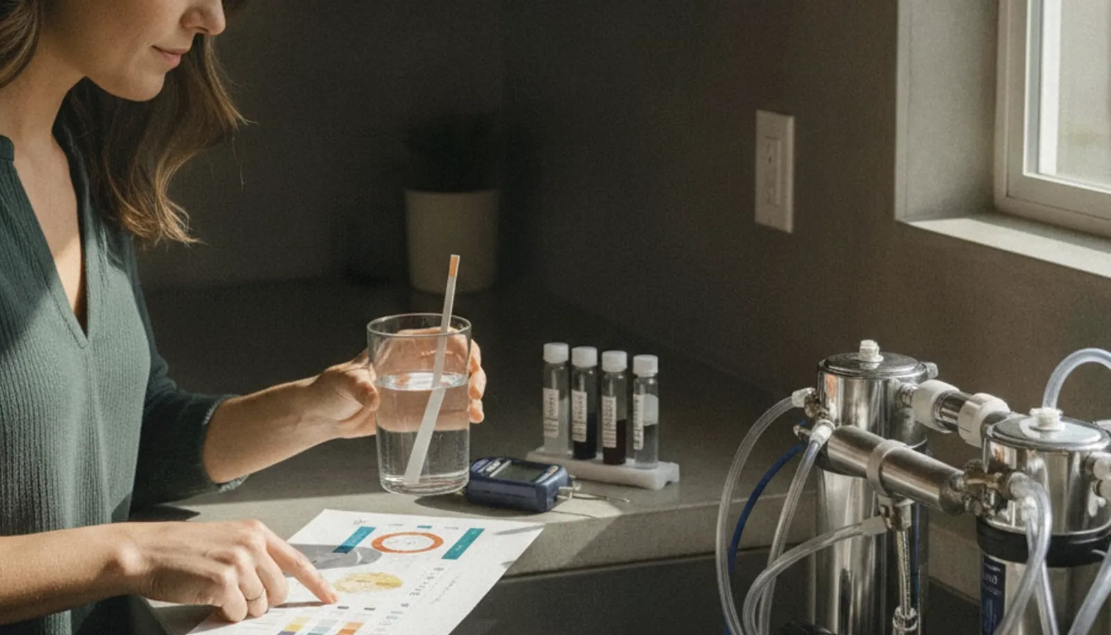 San Diego homeowner holding a hardness test strip above a clear glass filled with tap water at the kitchen sink, checking the color guide printed on the box