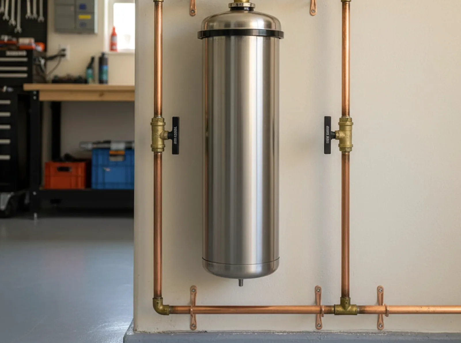 Carbon filtration equipment mounted at a home's main water entry point