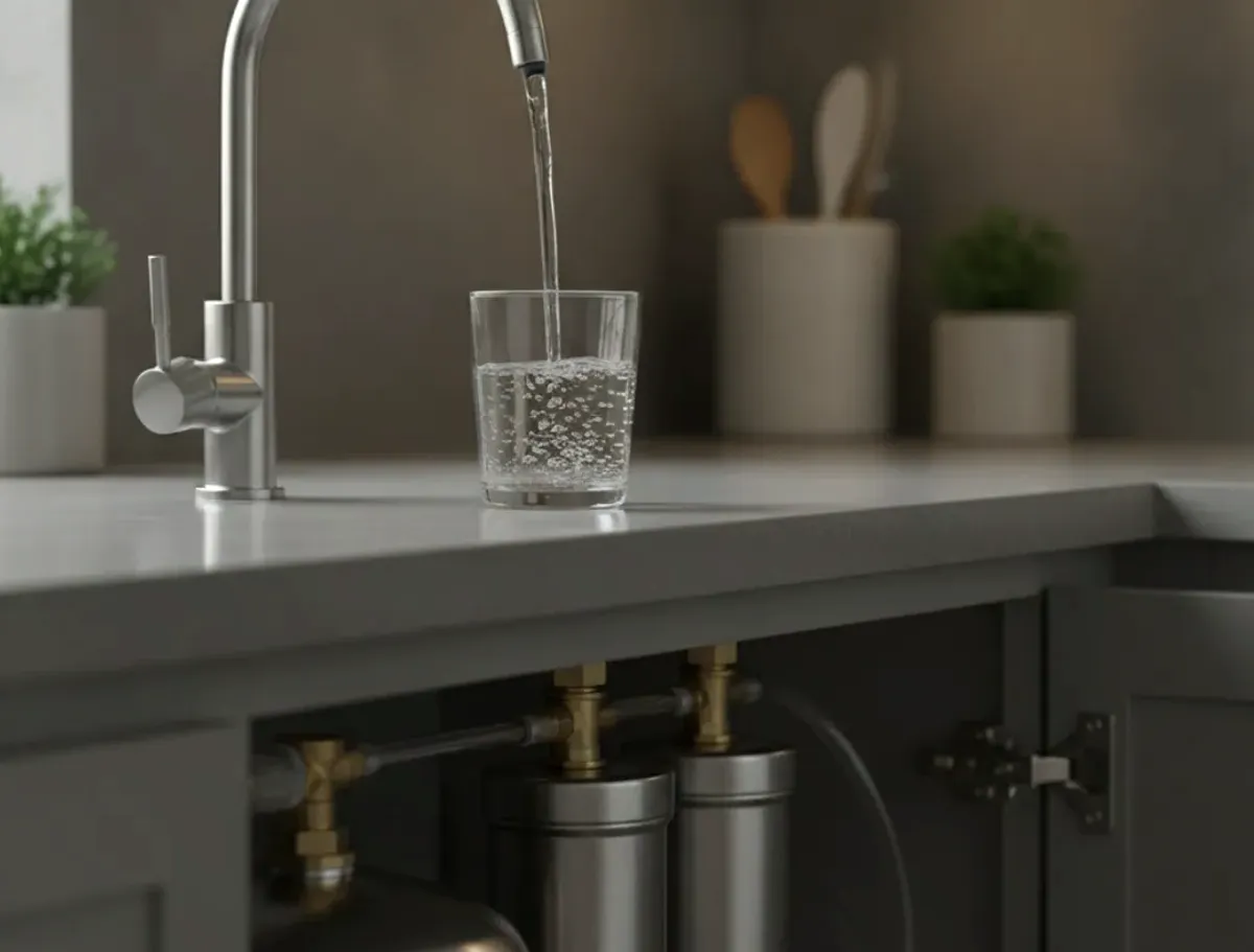 Reverse Osmosis equipment detail in a residential water-treatment setup