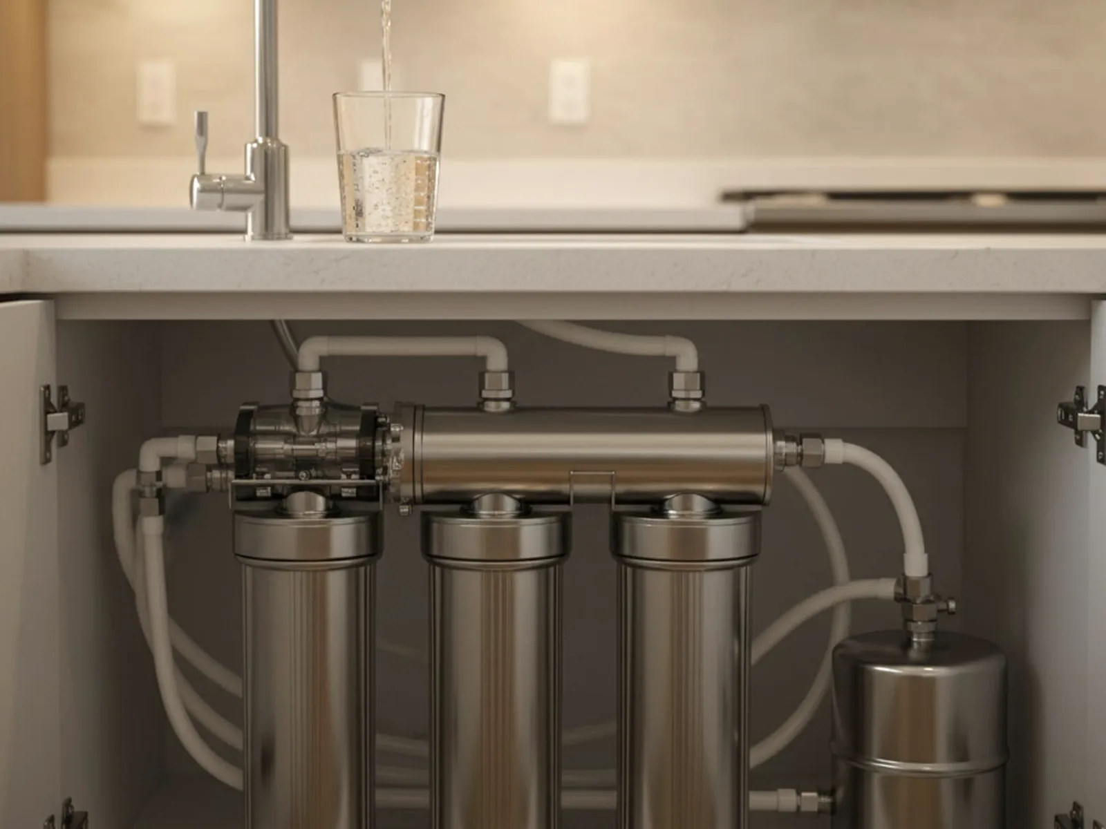 Reverse osmosis unit tucked beneath a San Diego kitchen sink, paired with its own drinking water faucet.