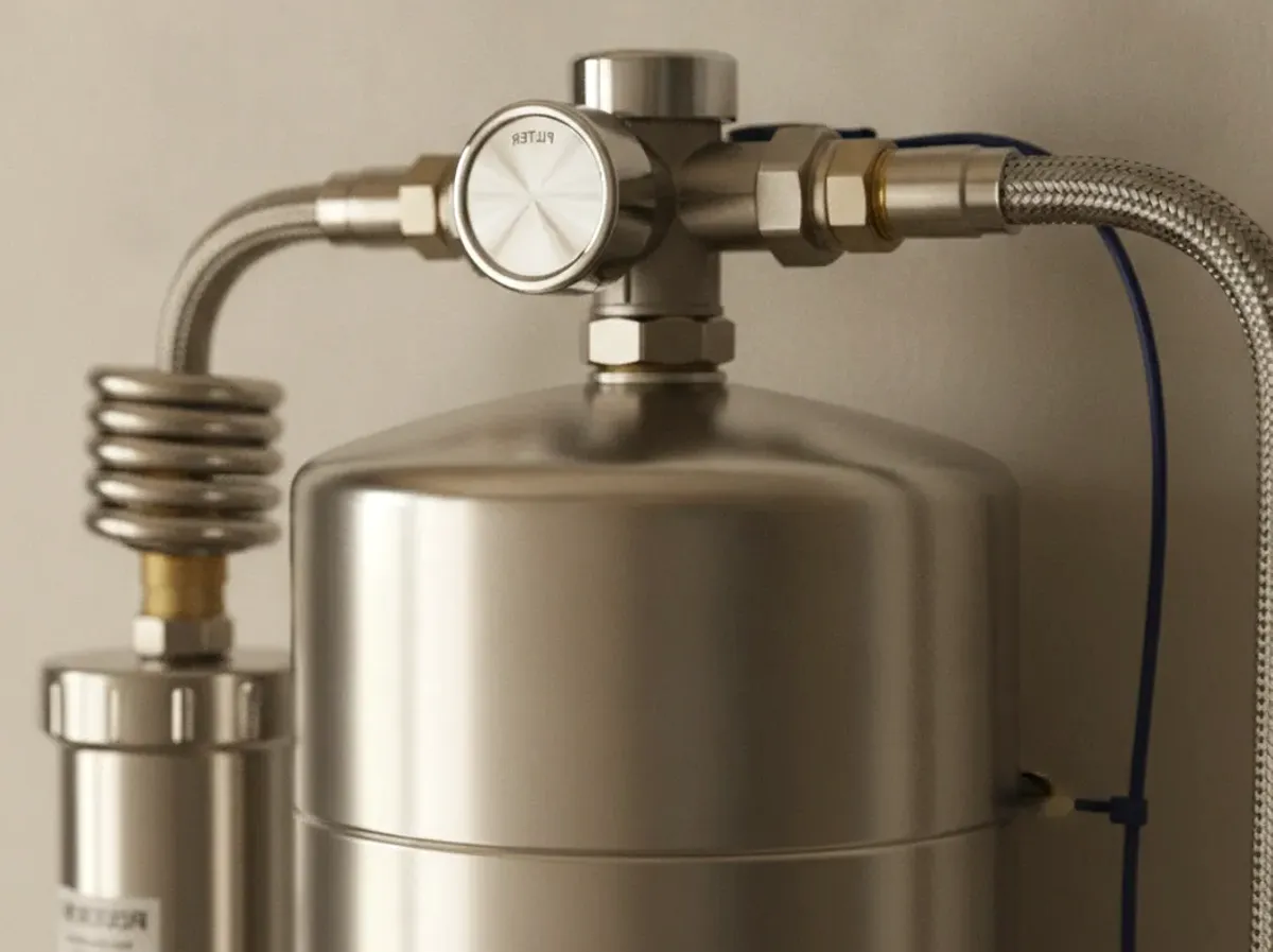 Salt-Free Conditioning equipment detail in a residential water-treatment setup