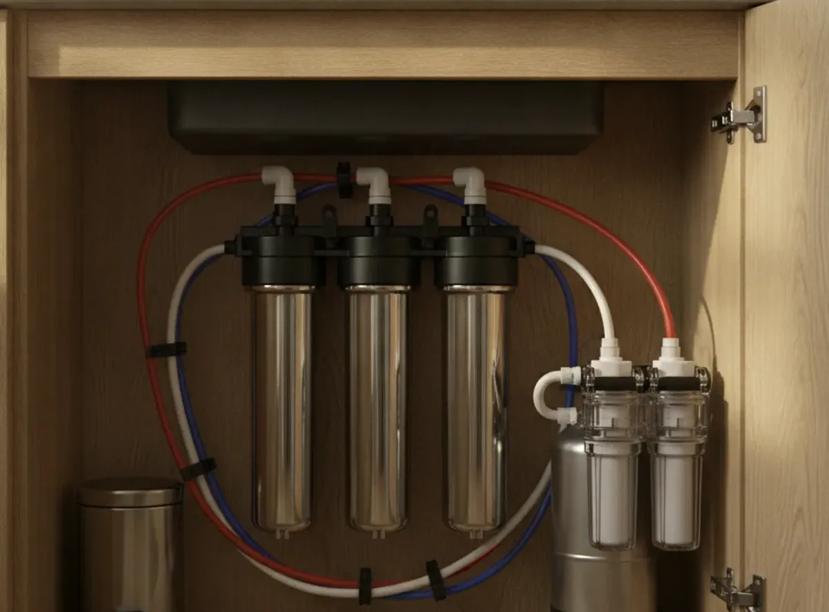 Under-Sink Filtration equipment detail in a residential water-treatment setup