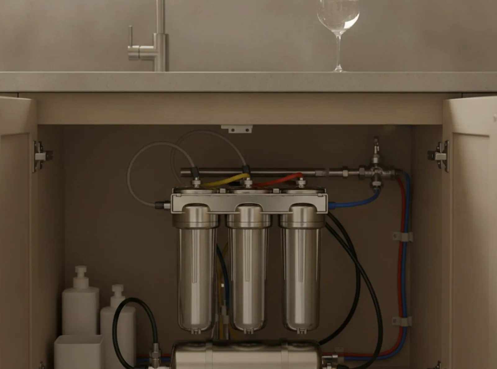 An installer fitting a small water filter under a kitchen sink in a San Diego home.