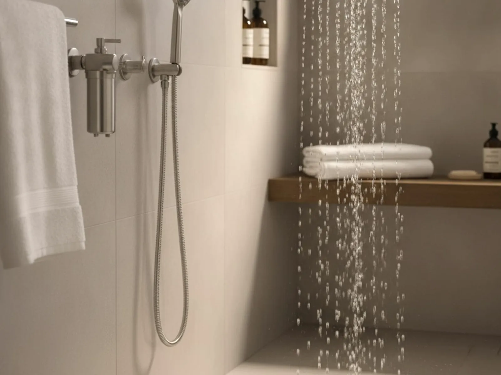 Family going over water-treatment choices inside a bathroom