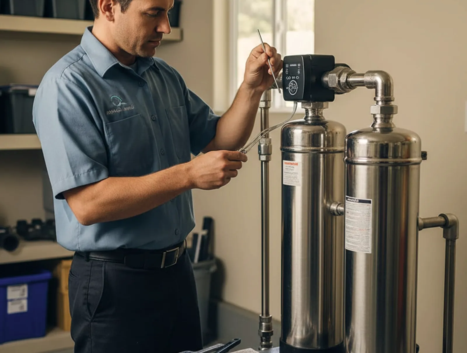 A licensed pro checking a home water-softener control head